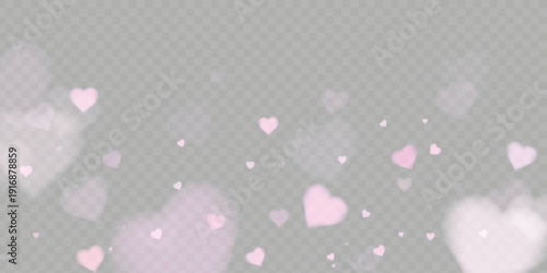 Soft pastel pink hearts bokeh border on transparent background with gentle glow. Perfect for Valentine’s cards, wedding invitations, baby shower designs, romantic social media posts