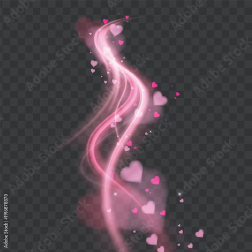 Magical pink heart light trail on transparent background. Perfect for Valentine’s Day posters, wedding invitations, romantic social media stories
