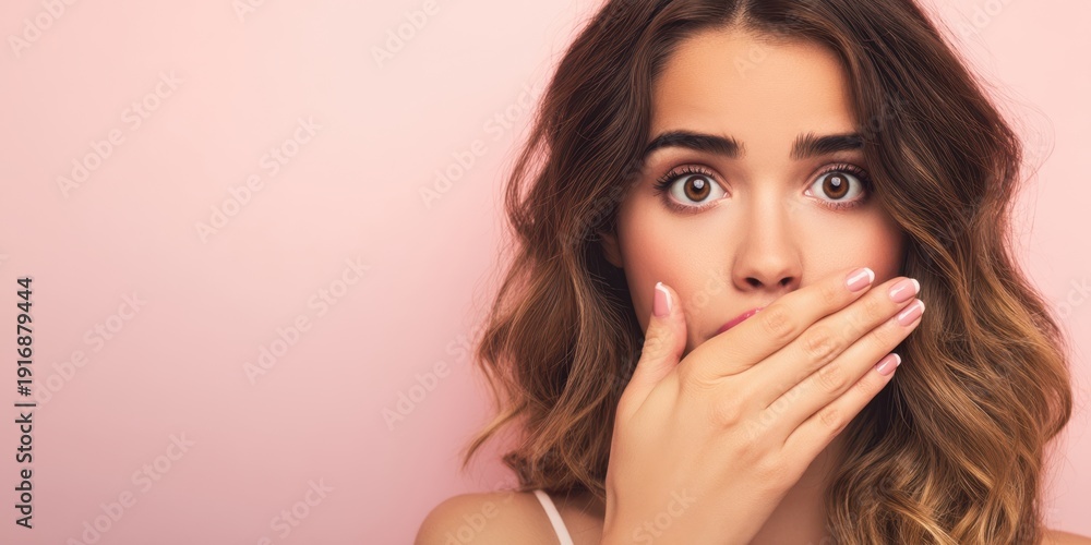 Naklejka premium The Woman Covering Her Mouth in Surprised Expression Against Soft Pink Studio Background