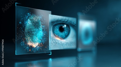 Biometric security system for identity verification, showing digital fingerprint data and a blue human eye scan for access control and personal data protection