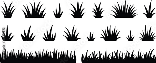 Grass silhouette icons with clumps and patches for nature and landscape theme - black vector illustration set