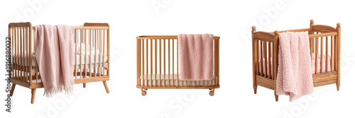 Set of Light wood baby crib with smooth finish and white mattress transparent png background. Ai generated