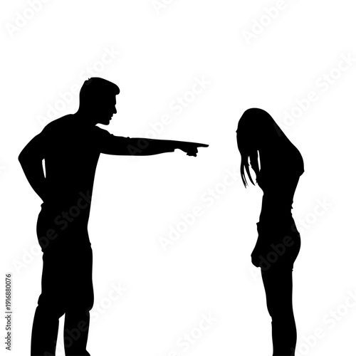 Silhouette of Man and Woman in Tense Confrontation Isolated on White Background