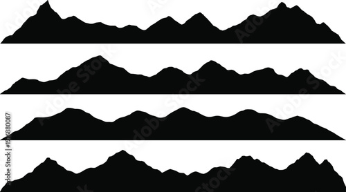 Mountain silhouette vector illustration set with diverse ranges and contours—ideal for landscape artwork, travel branding, educational visuals, outdoor themes, and decorative design projects.