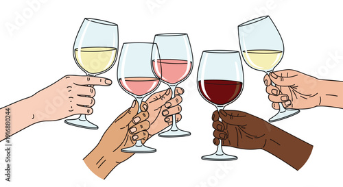 Six diverse hands holding up various wine glasses filled with red, white, and ros wines, making a celebratory toast.