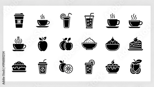 A collection of various food and drink icons including coffee, cake, and fruit arranged neatly.