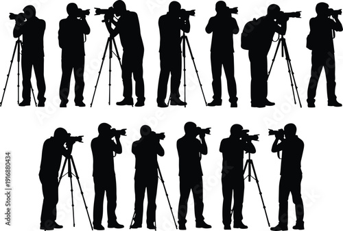 Photographer silhouettes using tripod cameras in various poses for professional and creative theme - black vector illustration set