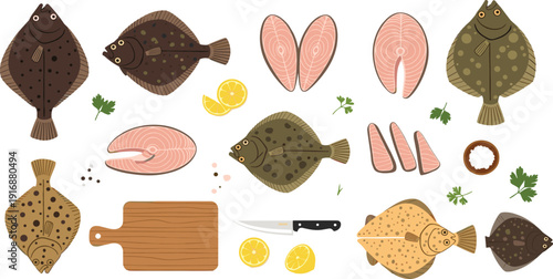 Flatfish Vector Set with Whole Halibut Fillet Cutting Board Knife and Seafood Cooking Elements for Restaurant Menu Design