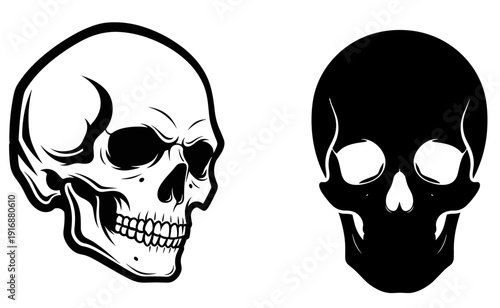 Human skull silhouette set with front view and profile outline icons
