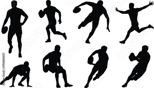 Rugby player silhouette icons with dynamic action poses and balls for sports and athletic theme - black vector illustration set
