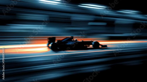 Formula 1 race car in motion blur with blue and orange light streaks