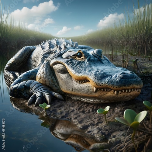 Large Alligator Resting on a Muddy Riverbank with Reflection in Calm Water, Predatory Reptile in a Florida Everglades Swamp Landscape Under Blue Sky