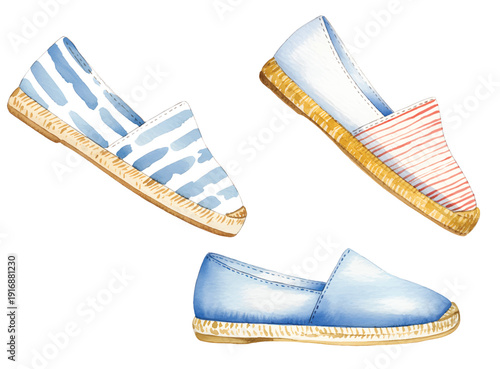Casual striped canvas espadrilles with natural jute base in traditional watercolor texture.