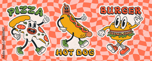 retro groovy food sticker set with cartoon pizza hot dog and burger characters on checker wavy background. Retro food characters in bold groovy style for Stickers, packaging, branding, posters, prints
