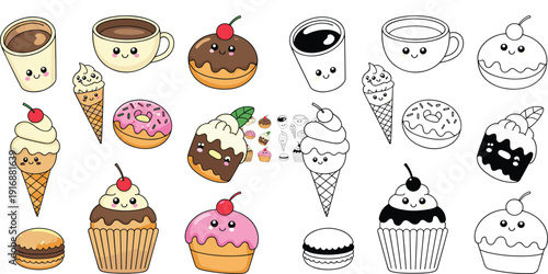 Cute dessert and beverage cartoon icons with smiling faces for kids and kawaii theme - vector illustration set (color + B/W)