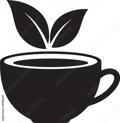 Black silhouette of a steaming coffee cup with two green leaves symbolizing natural ingredients and freshness, perfect for beverage branding and organic products.
