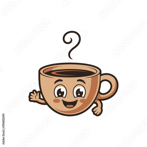 A cheerful cartoon coffee cup with a face and waving hand