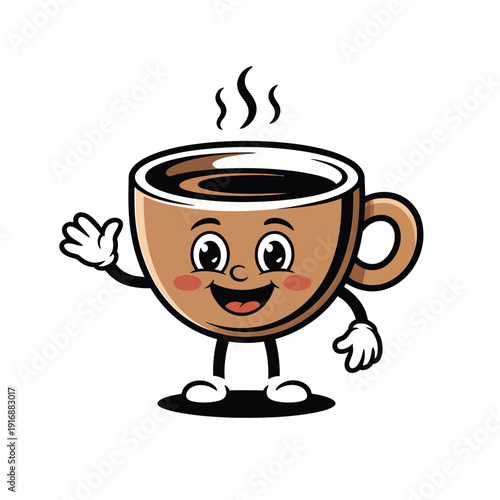 A cheerful cartoon coffee cup character waving a friendly greeting