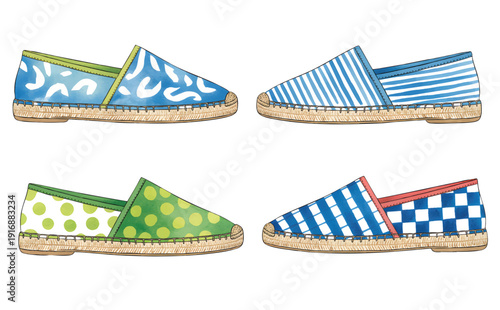 Coastal style watercolor slip-on shoes in striped and polka dot designs.