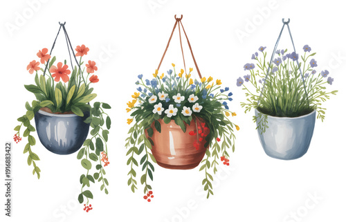 Watercolor illustration of decorative hanging planters filled with colorful garden flowers and trailing botanical foliage isolated on white.