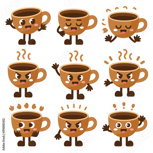 Cute cartoon coffee cups with faces displaying various emotions