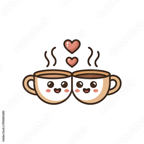 Two cute coffee cups with smiling faces and a heart design