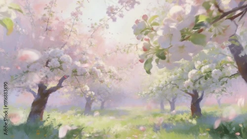 Cherry and apple orchard in full blossom with soft pastel haze, petals drifting in slow swirling motion, gentle breeze through branches, light rays shifting softly, dreamy ethereal spring ambience.