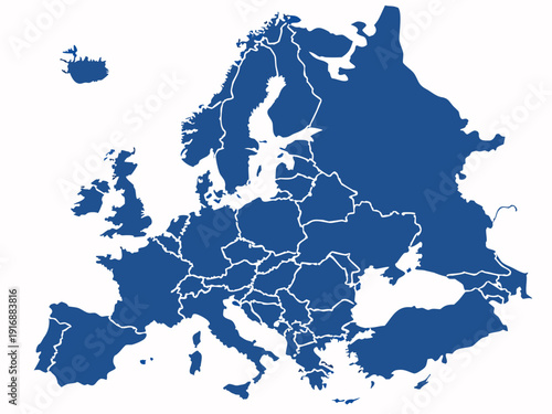 Blue map of Europe with country borders on white background