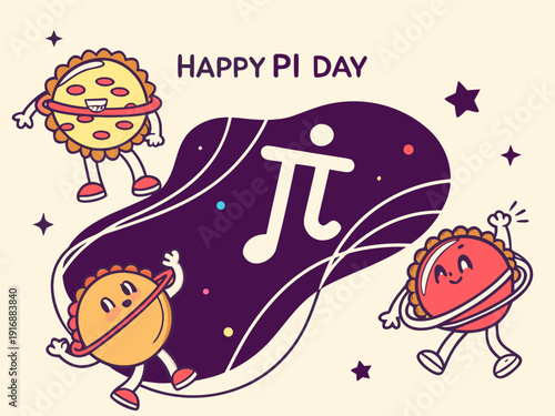 Cartoons of pies dancing around the mathematical symbol for pi on purple shape  Happy Pi Day
