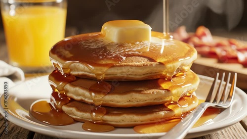 Stack of pancakes with syrup pouring on top and orange juice