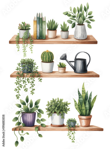 Hand painted watercolor indoor houseplants arranged on wooden shelves with decorative pots and botanical greenery isolated on white background.
