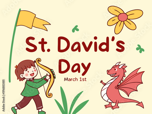 St Davids Day illustration with cartoon boy and dragon on yellow background