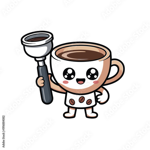 Adorable cartoon coffee cup character holding a portafilter with espresso