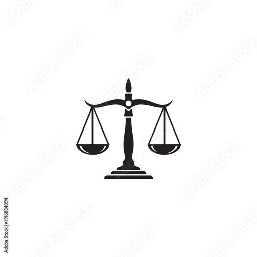 Symbol of justice and fairness, black silhouette of scales of justice on a white background, representing legal balance and equilibrium.