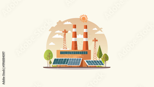Renewable energy power plant with solar panels and industrial smokestacks, symbolizing eco-friendly power generation and sustainable industry practices