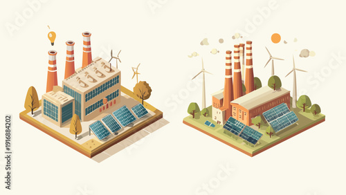 Two isometric illustrations of eco-friendly power plants with solar panels and wind turbines, showcasing renewable energy production