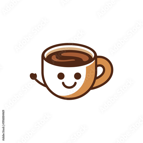 A cheerful cartoon illustration of a steaming cup of hot coffee