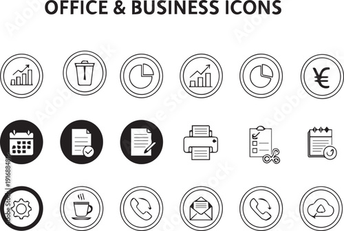 Office and Business Line Icon Set – Modern Black Circular Corporate Vector Collection