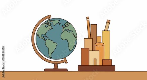 Globe and Stationary Holder with Pencils on Desk