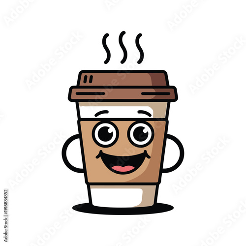 A cheerful cartoon coffee cup with a smiling face and steam rising