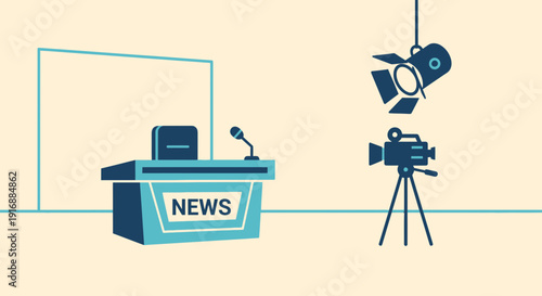 News Studio Desk with Microphone and Camera, Broadcasting Setup