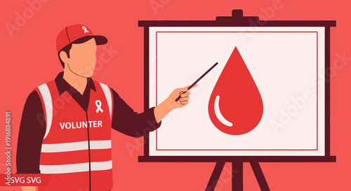 Volunteer presenting blood drop icon on a whiteboard