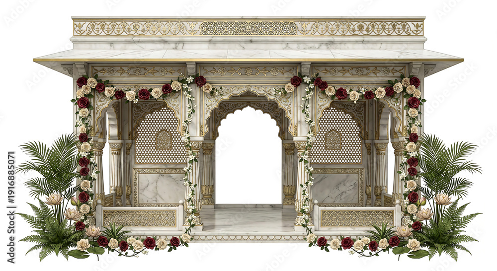 Fototapeta premium Ornate marble indian pavilion with floral decorations a traditional architectural element isolated on white background