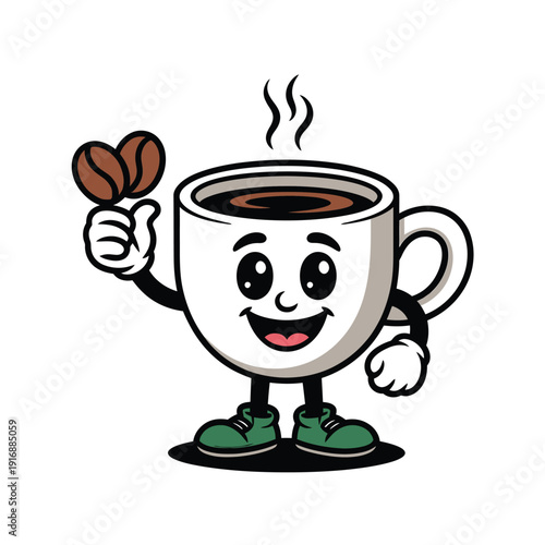 Cheerful cartoon coffee cup character holding coffee beans with steam rising