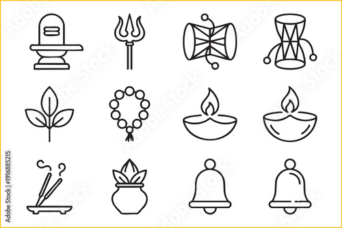 Comprehensive linear icon pack of Hindu religious items featuring Rudraksha beads and puja tools.