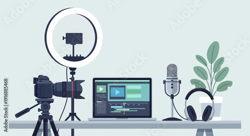 Video Production Studio Setup with Camera, Laptop, Microphone, and Ring Light