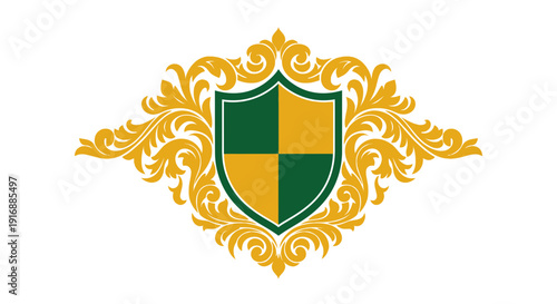 ornate shield emblem, heraldic crest, regal design, gold green