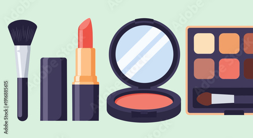 Cosmetic Makeup Collection: Lipstick, Brush, Mirror, Eyeshadow Palette