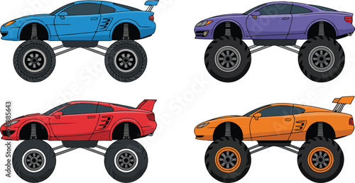 Colorful Monster Truck Outline Icon Set Off-Road Racing Vehicles