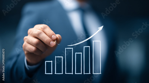 A person in a suit drawing an upward-trending graph on a transparent surface.